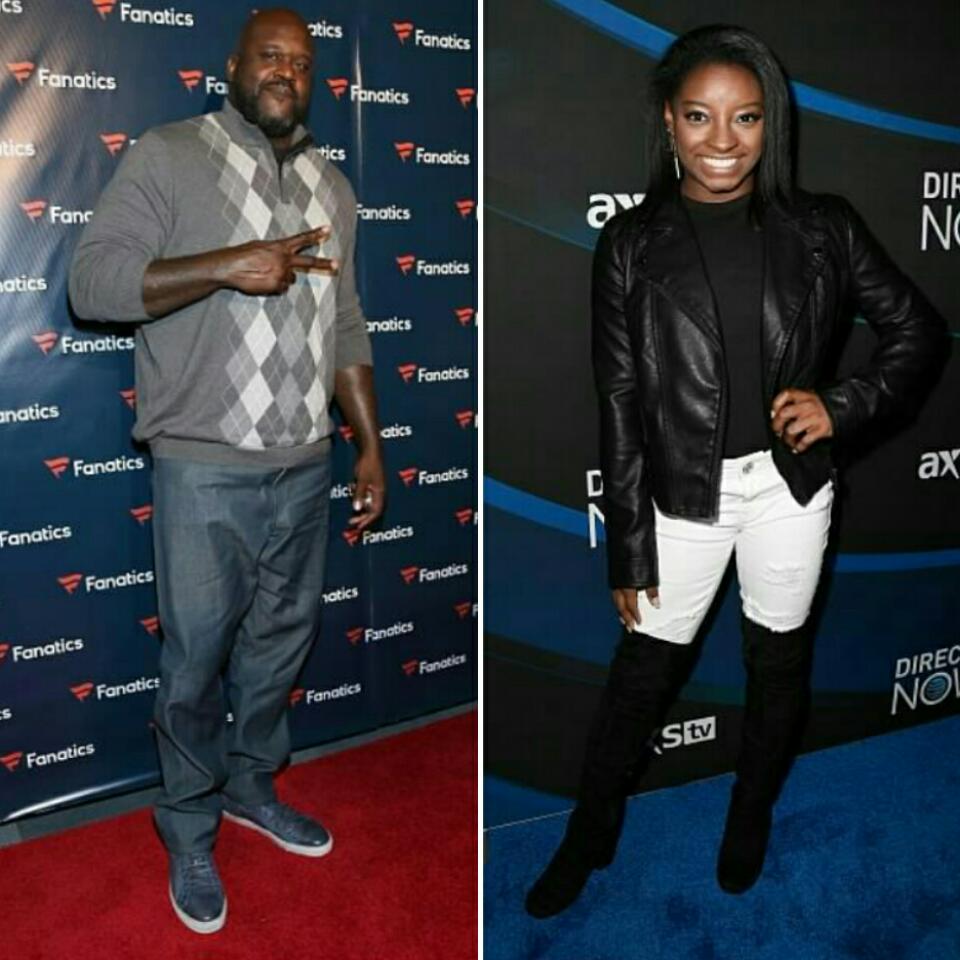 A Tale Of Two Heights Check Out Shaquille O Neal 7ft1 And Simone Biles 4ft9 At Super Bowl Party