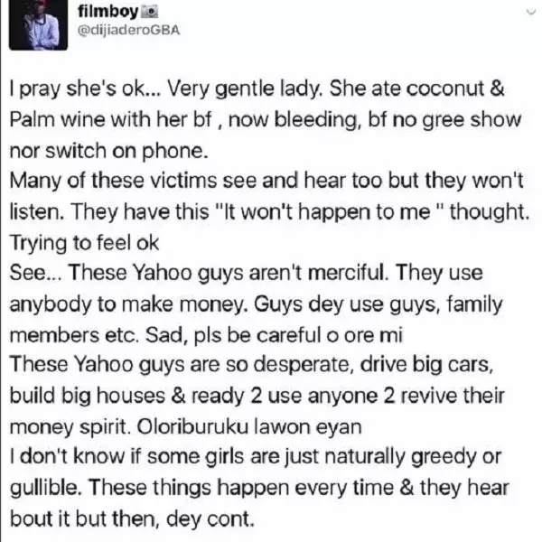 Lady Starts Bleeding From Her Private Part And Nose After Going Out With Her Boyfriend