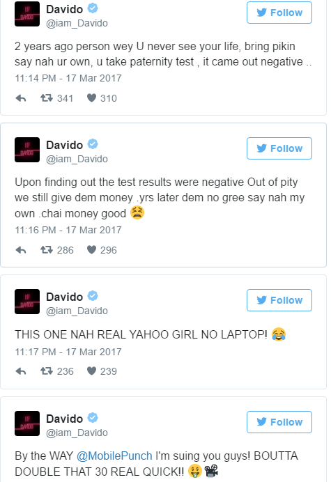 “This one na real yahoo girl no laptop” – Davido Says Denying Claims Of Having A 3-Year-Old Child 