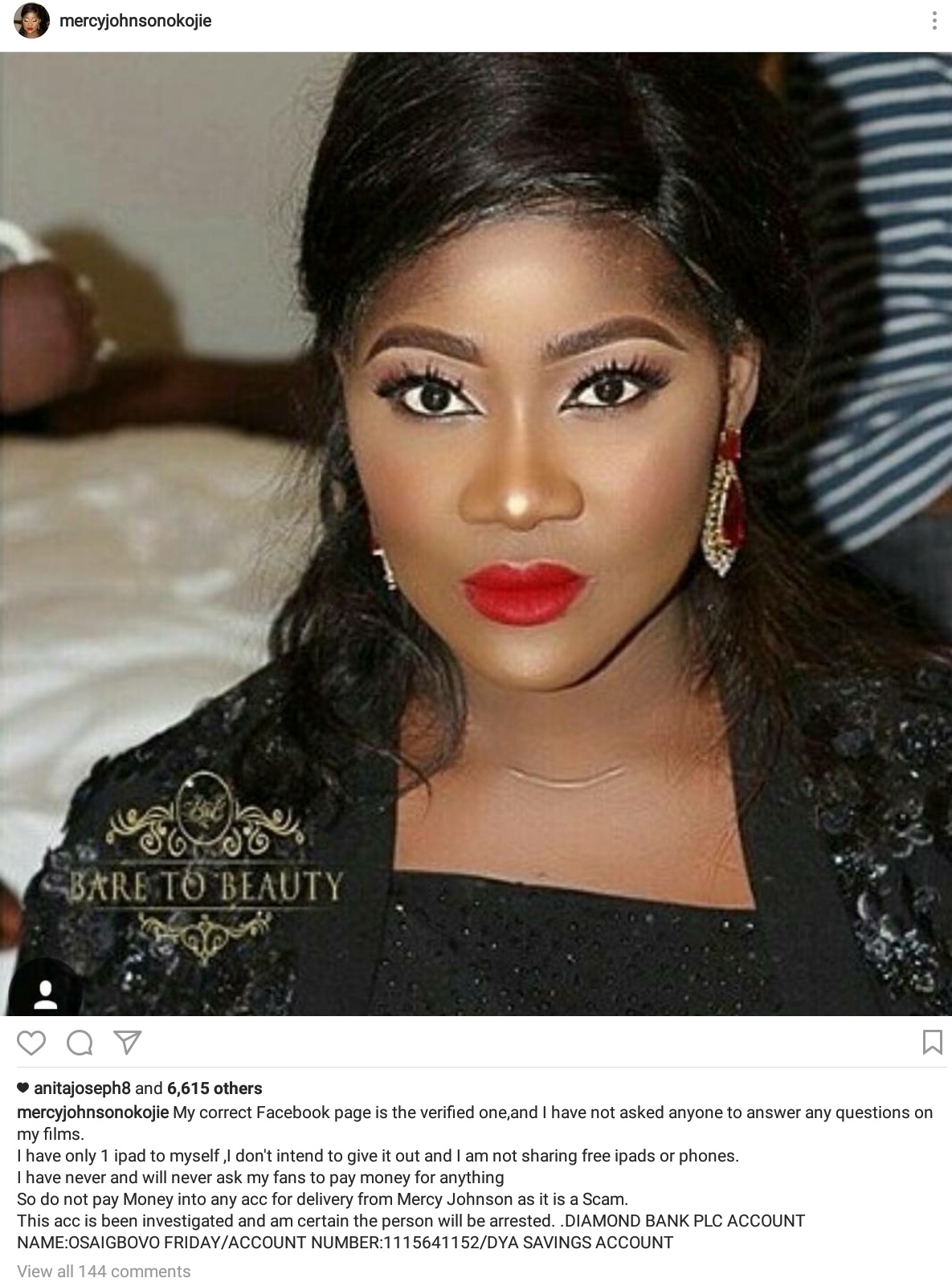 Mercy Johnson Warns On Scammer Using Her Name To Extort And Make False Promises Of Gifting iPads And Phones