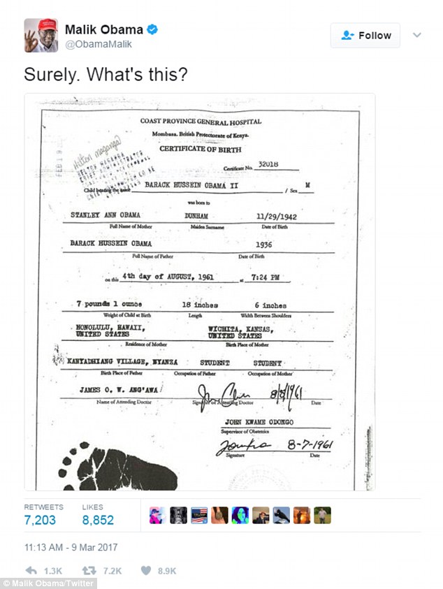 Barack Obama’s Half-brother Malik Obama Posted An Image Of Ex-president's 'Kenyan birth certificate' Claiming Barack LIED He Was Born In US 