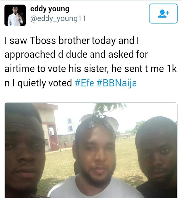 Die-hard Fan Of BBNaija's Efe Collects N1K From TBoss' Brother To Vote For Her