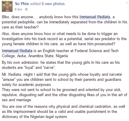 Nigerian Teacher Who Posted On Facebook Promoting Pedophilia 6