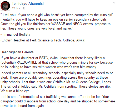 Nigerian Teacher Who Posted On Facebook Promoting Pedophilia 7