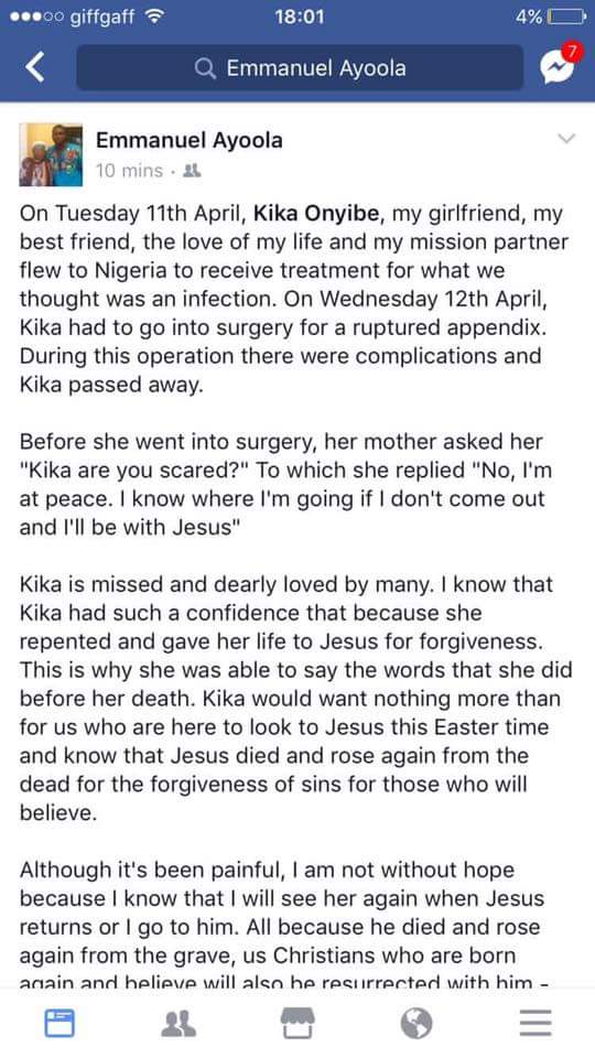 Nigerian Man Emmanuel Ayoola Has Taken To Facebook To Mourn 19-Year-Old Girlfriend Kika Onyibe Who Died During Surgery In Lagos 1