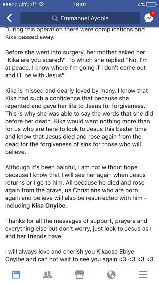 Nigerian Man Emmanuel Ayoola Has Taken To Facebook To Mourn 19-Year-Old Girlfriend Kika Onyibe Who Died During Surgery In Lagos 2