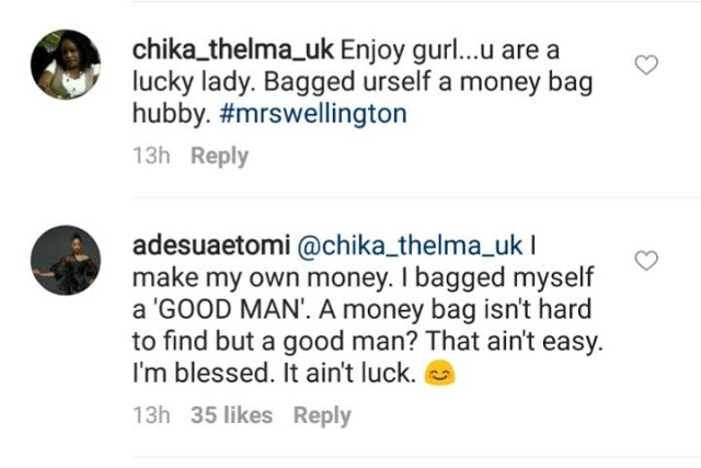 Adesua Etomi Had This Brilliant Response To Follower Who Said SHE BAGGED HERSELF A MONEY BAG HUSBAND 1