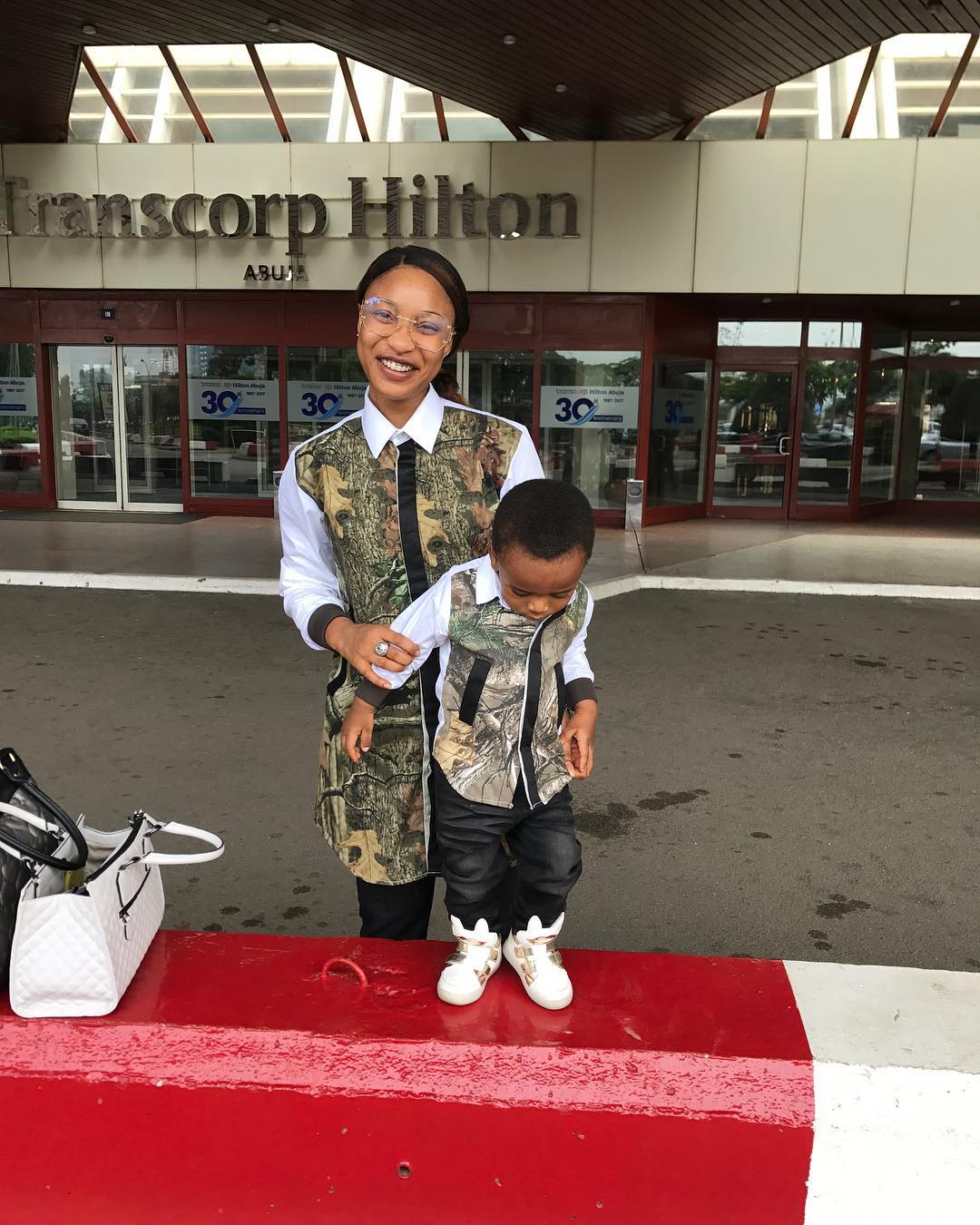 Tonto Dikeh And Son Rocked Matching Shirts While At Transcorp Hilton Abuja (1)