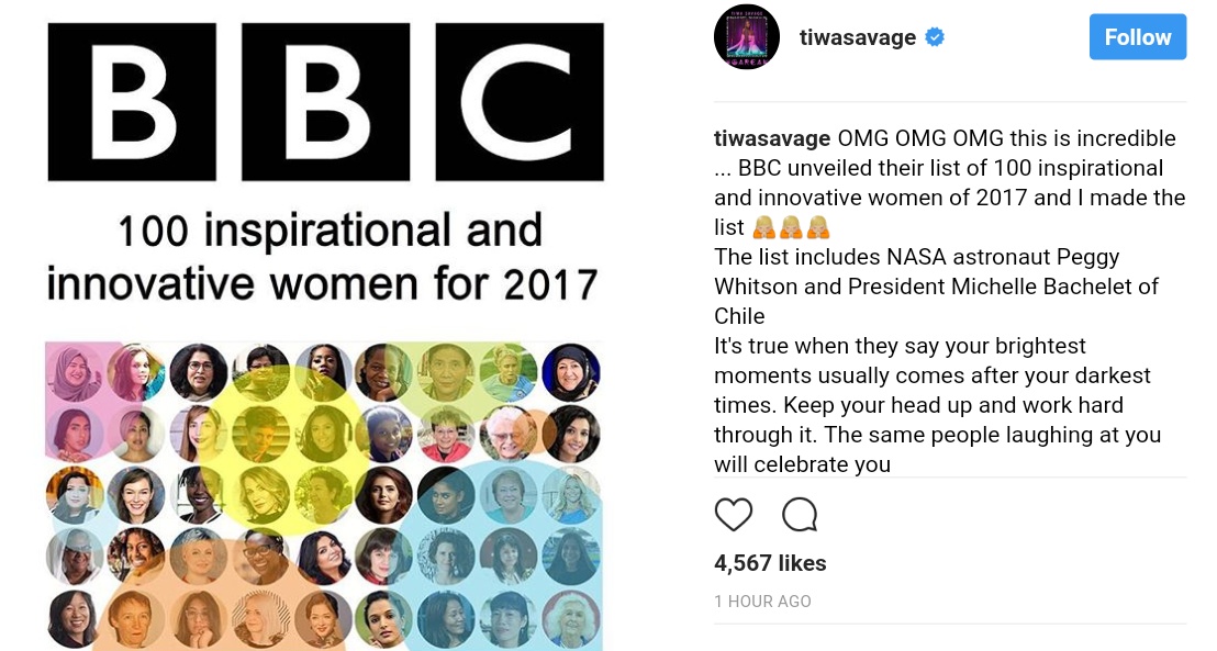 Tiwa Savage Included In BBC’s 100 Inspirational & Innovative Women For 2017 (1)