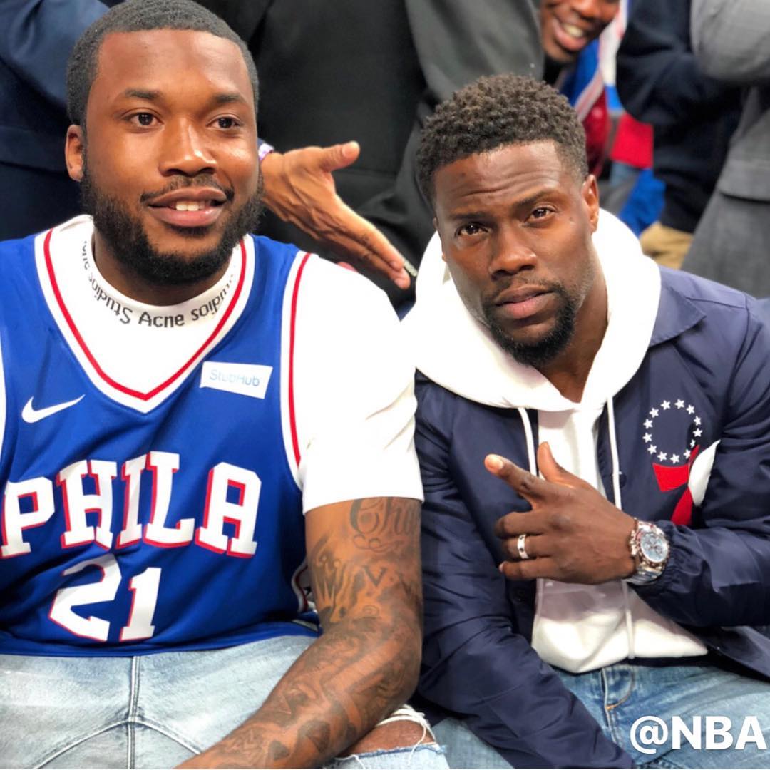 Meek Mill Pictured With Kevin Hart At Philadelphia 76ers Game Against Miami Heat