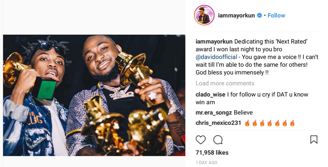 Mayorkun Dedicates His Headies Next Rated Award To Davido (2)