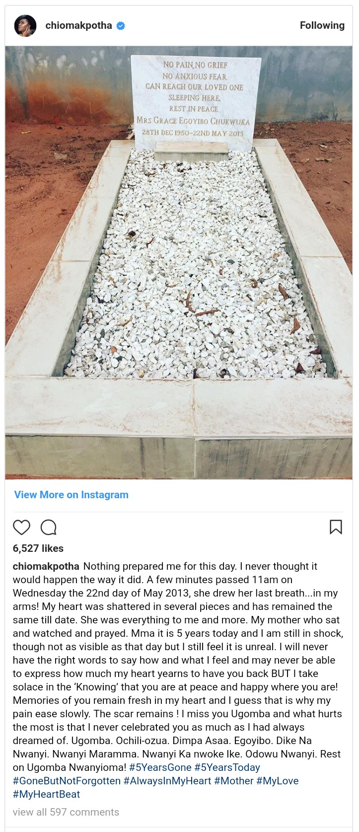 Chioma Akpotha Shares Photo Of Her Mother's Grave (3)