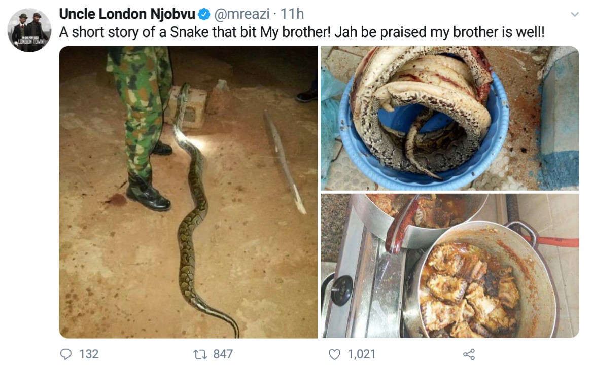 Nigerian Soldier Kills And Cooks Huge Python That Bit Him (5)