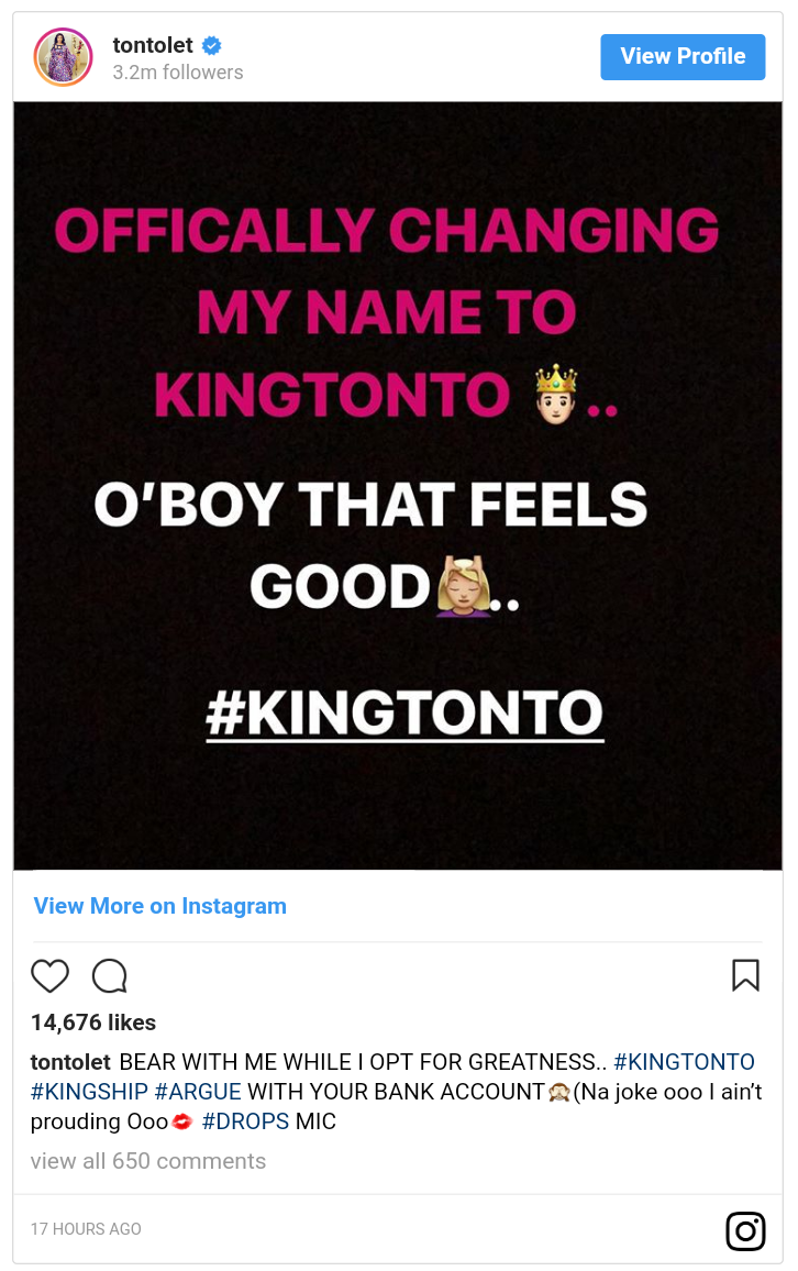 Tonto Dikeh Officially Changes Name To King Tonto (3)