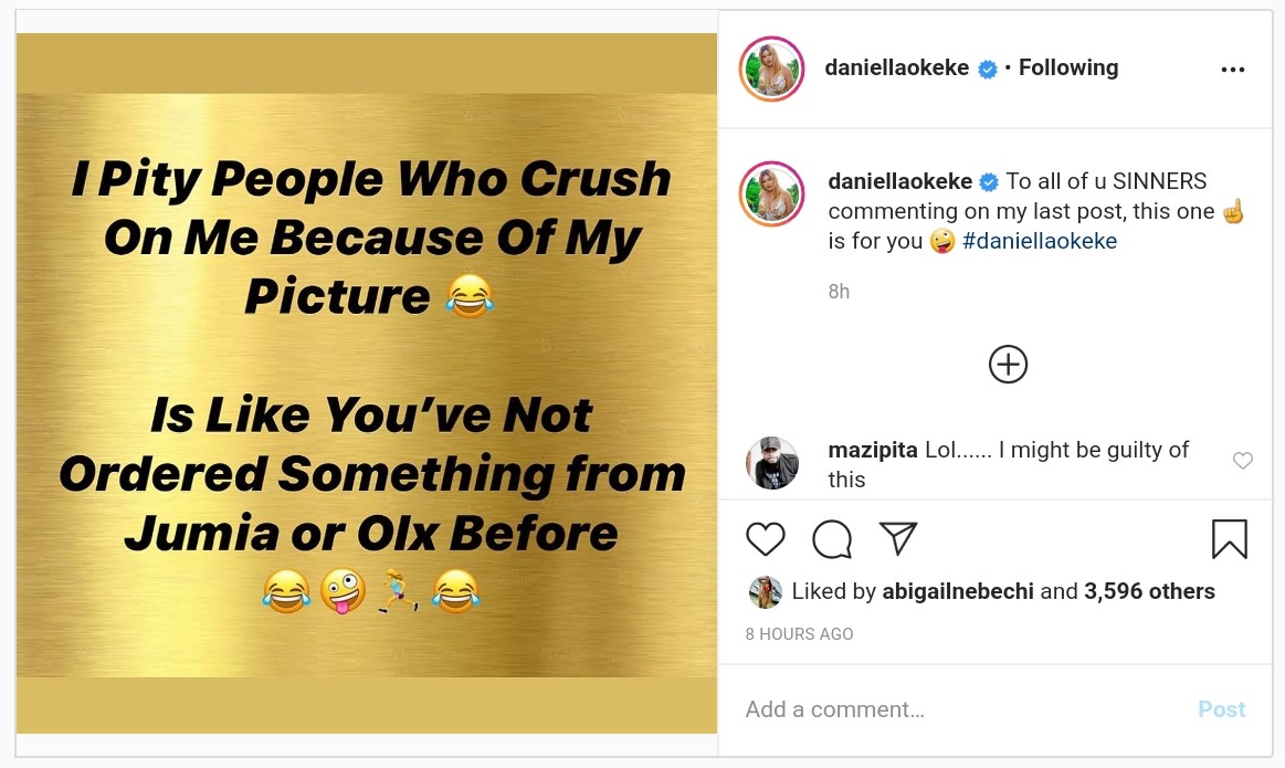 Daniella Okeke Compares To Crush On Her To Jumia Or OLX