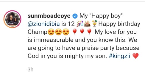 Sunmbo Adeoye Wishes Son Zion Idibia Happy 12th Birthday 