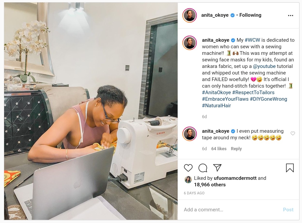 Anita Okoye Sewing Face Masks For Her Kids