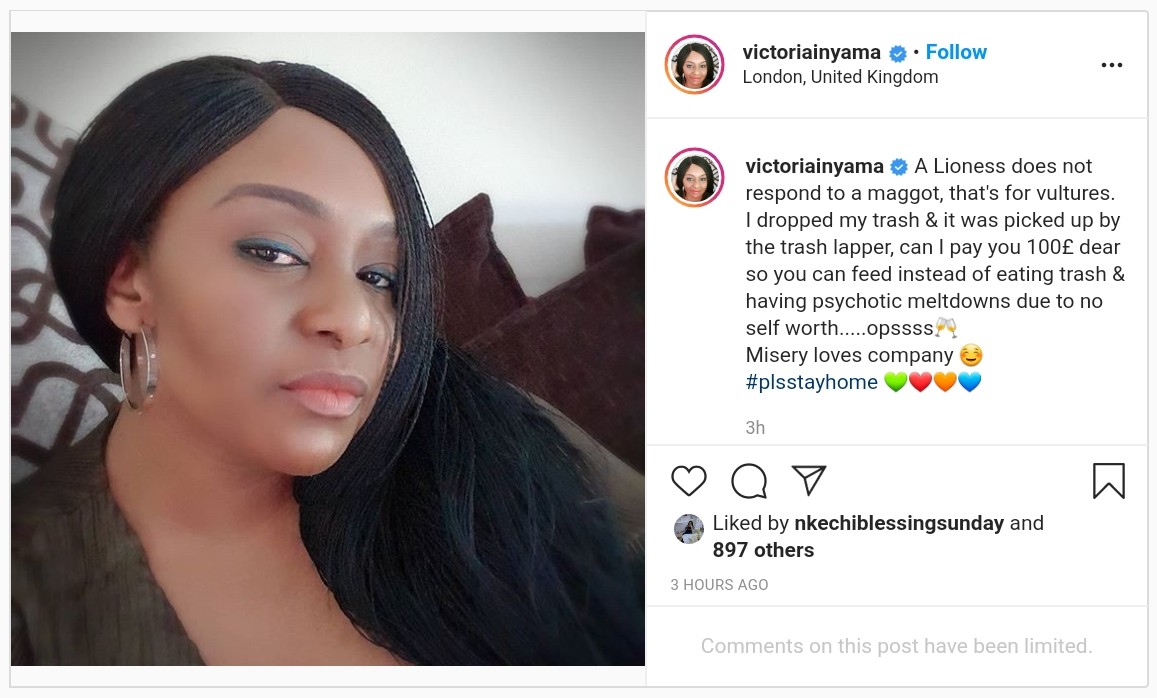 Victoria Inyama Replies Etinosa You Won’t Be Alive Comment