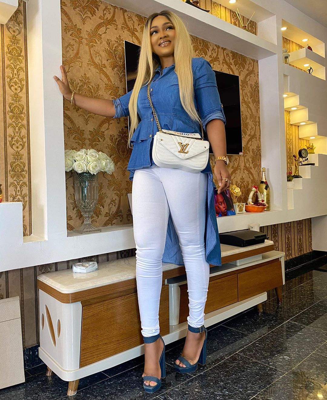 Mercy Aigbe Denim High And Low Peplum Shirt Pant Shoes (3)