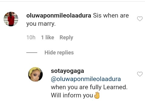 Sotayo Gaga Replies Fan Who Asked When She's Getting Married