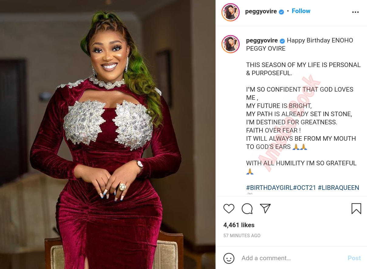 Peggy Ovire Today, October 21st, Peggy Ovire is a year older. 'Ego Oyinbo' as she is also known, has already wished herself happy birthday on Instagram. (2)Amebo Book